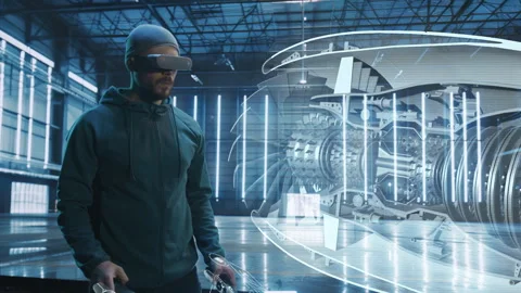 Engineer Using Virtual Reality to Test Engine Designs in 3D Simulation Stock Footage 284954125