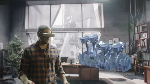 Engineer Using VR to Conduct Engine Testing in Virtual Lab Advanced Simulation Stock Footage 284953147