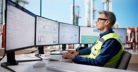 Engineer Utilizes Advanced Computer System To Automate Chemical Plant Operati Stock Photos