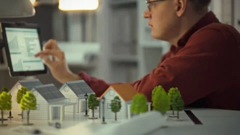 An engineer utilizes a digital tablet holding its screen to design with wire Stock Footage 334075504