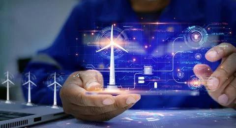 Engineer view a dashboard hud The program shows the total power generated b.. Stock Photos