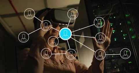 Engineer in VR headset activating blue node, touching rack LEDs, tapping nodes, 動画素材 332296248