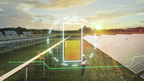 Engineer walk inside a solar panel power station checking the efficiency Video stock 161375535