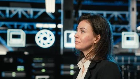 Engineer walking in data center, looking at industrial systems virtualization Stock Photos