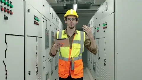 Engineer is walking to explain the operation of the electrical distribution Stock Footage 151618404