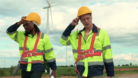 Engineer is walking in a field wearing a protective helmet on  head Stock Footage 269098213