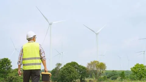 Engineer walking through wind farm with toolbox and blueprint for renewable.. Stock Photos