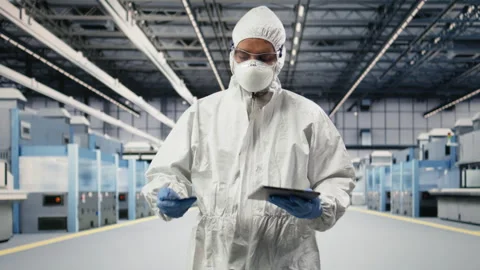 Engineer walks in semiconductor factory with tablet, working on automation Stock Footage 333392208