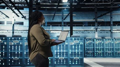 Engineer walks in server hub, using laptop to upgrade rigs Stock Photos