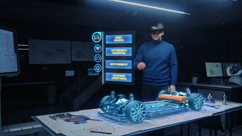 Engineer Wearing Augmented Reality Headset Builds 3D Car Video stock 137565171