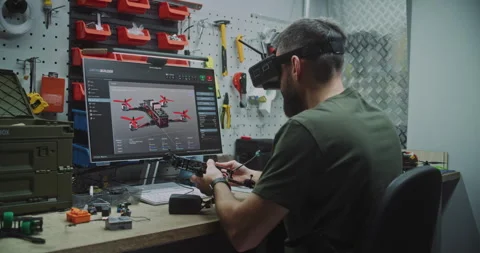 Engineer Wearing FPV Goggles Simultaneously Designing Drone on Screen and Stock Footage 322112533