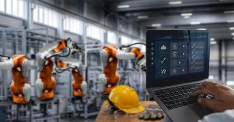Engineer wearing hard hat and safety glasses uses laptop checklist dashboar.. 스톡 사진