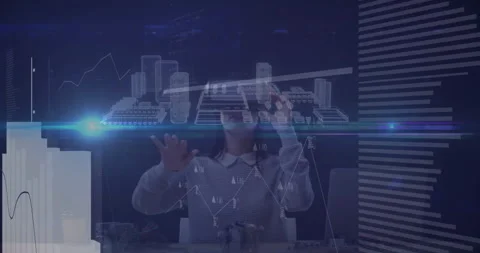 Engineer wearing VR headset adjusting UI panels in tech lab, interacting with Stock Footage 307434287