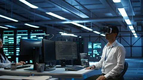 Engineer wearing VR headset in data center installing software Stock Photos