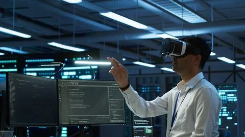 Engineer wearing VR headset in data center installing software 写真素材