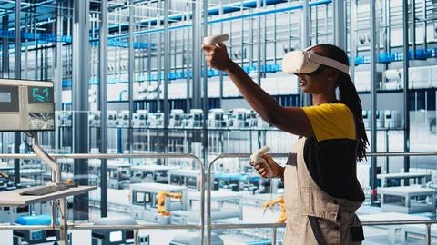 Engineer wearing VR headset in smart factory looking at data to do optimizations Stock Photos