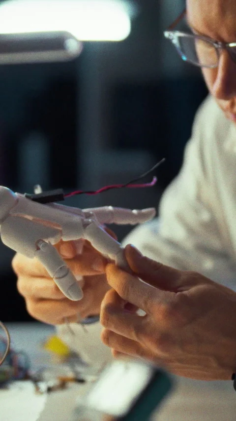 An engineer in a well-lit laboratory setting methodically assembles a roboti Stock Footage 331532993