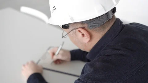 Engineer in a white helmet, at a table and glasses fills a document with a pen Stock Footage 126240704