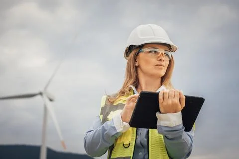 An engineer at a wind farm utilizing a tablet for effective project management 写真素材
