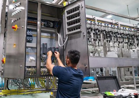 Engineer wiring automatic system of chicken meat process line. Stock Photos