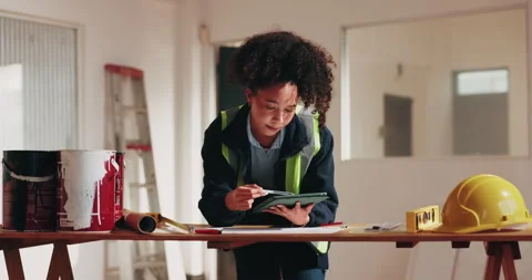Engineer, woman and tablet for construction, renovation blueprint or remodeling Stock Footage 341590178
