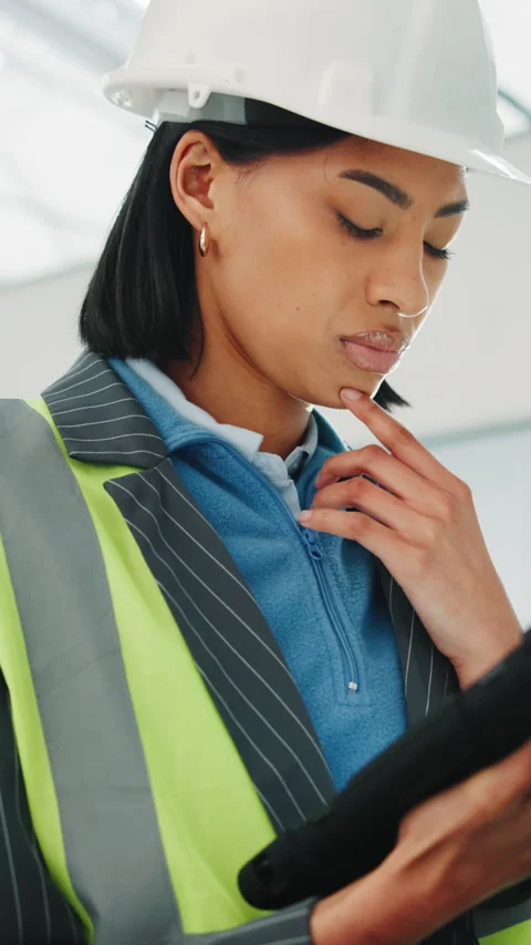 Engineer, woman and thinking in office with tablet, website or AI rendering for Stock Footage 343730832