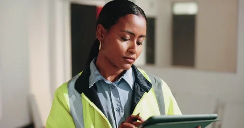 Engineer, woman and vision with tablet for construction, renovation and Stock Footage 341588290