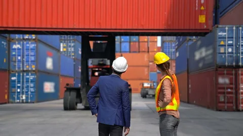 Engineer woman with Business man control loading Container Stock Footage