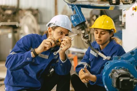 Engineer woman team worker work in Machine Robotic modern Automation Indust.. Stock Photos