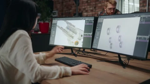 Engineer woman testing 3D model of new engine by CAD system on computer, modern Video stock 233731417