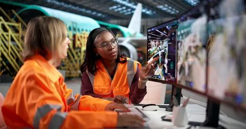 Engineer Woman Is Using SCADA Software To Monitor Airplane Systems. 스톡 사진