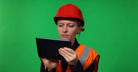Engineer Woman Work At Inventory Looking Up Typing Data Digital Tablet Chromakey Stock Footage 72792995