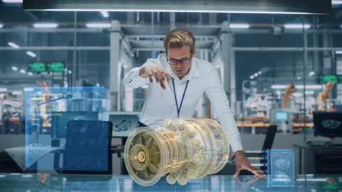 Engineer Work on 3D Engine Stock Footage 166302508
