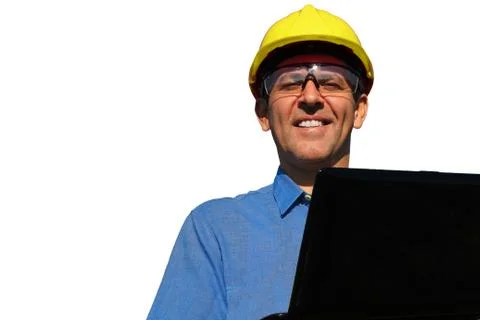 Engineer At Work With Laptop Computer Isolated Over A White Background Foto stock