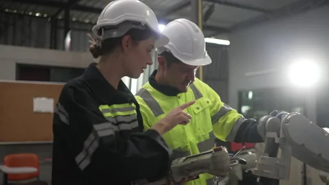 Engineer work at robotic arm factory. Stock Footage 239699492