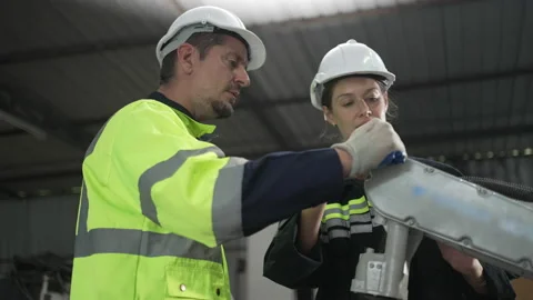 Engineer work at robotic arm factory. Stock Footage 239699713