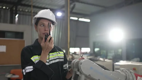 Engineer work at robotic arm factory. Stock Footage 239699774