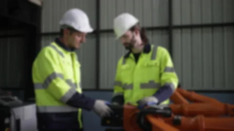 Engineer work at robotic arm factory. Stock Footage 239699811