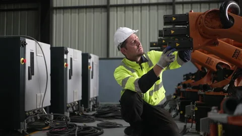 Engineer work at robotic arm factory. 스톡 동영상 239699843