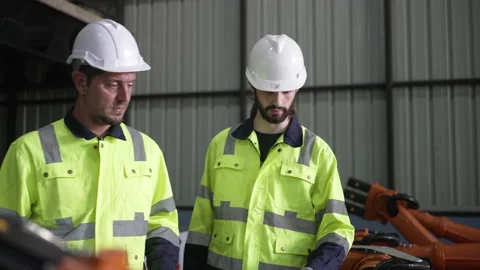 Engineer work at robotic arm factory. Stock Footage 239699855