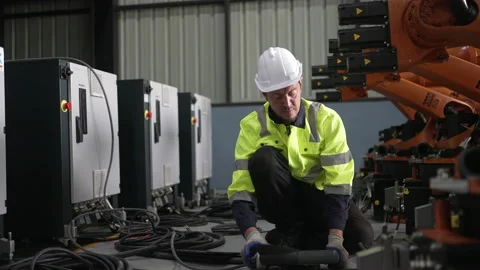 Engineer work at robotic arm factory. Stock Footage 239699940