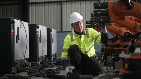 Engineer work at robotic arm factory. Stock Footage 239699950