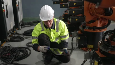 Engineer work at robotic arm factory. Stock Footage 239700053