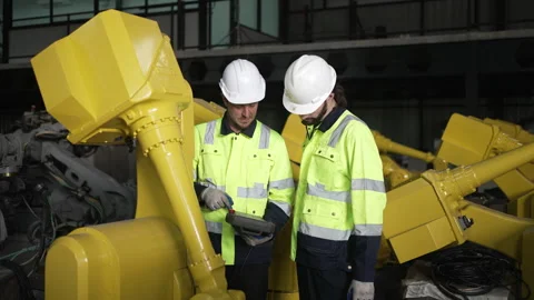 Engineer work at robotic arm factory. 스톡 동영상 241876176