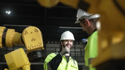 Engineer work at robotic arm factory. 스톡 동영상 241876225