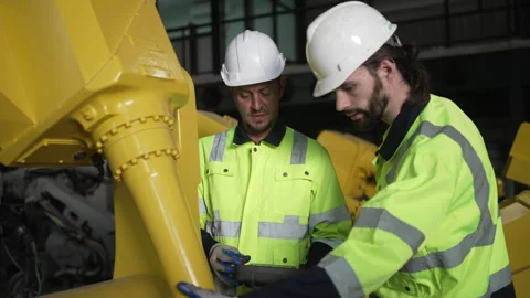 Engineer work at robotic arm factory. 스톡 동영상 241876451