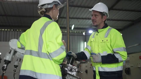 Engineer work at robotic arm factory. 스톡 동영상 241876527