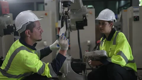 Engineer work at robotic arm factory. Stock-Footage 241876918