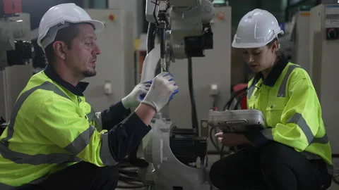Engineer work at robotic arm factory. Stock Footage 241876944