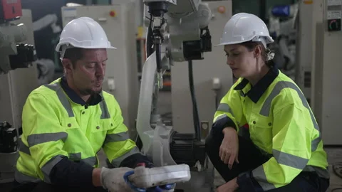 Engineer work at robotic arm factory. 스톡 동영상 241876979